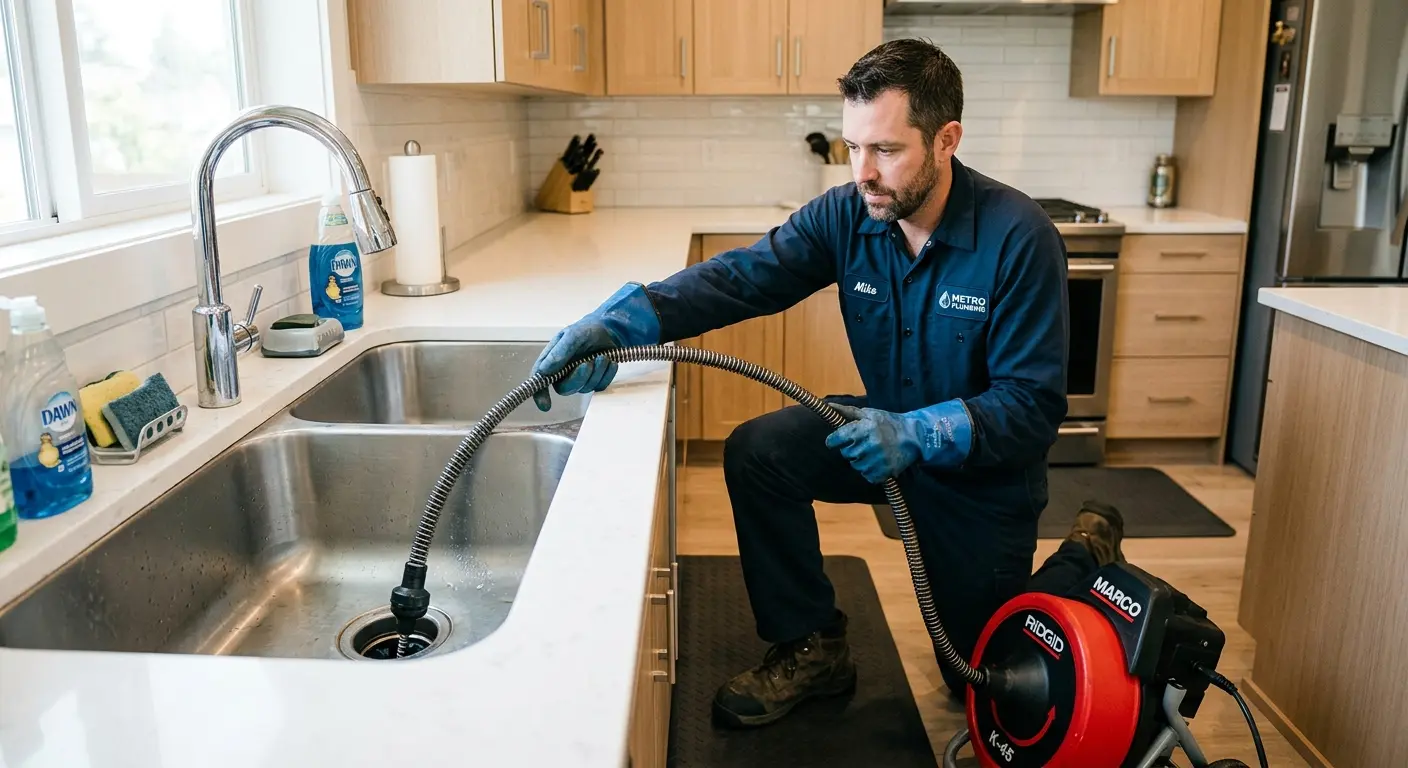Drain cleaning technician using a motorized snake on a kitchen sink in Bangor