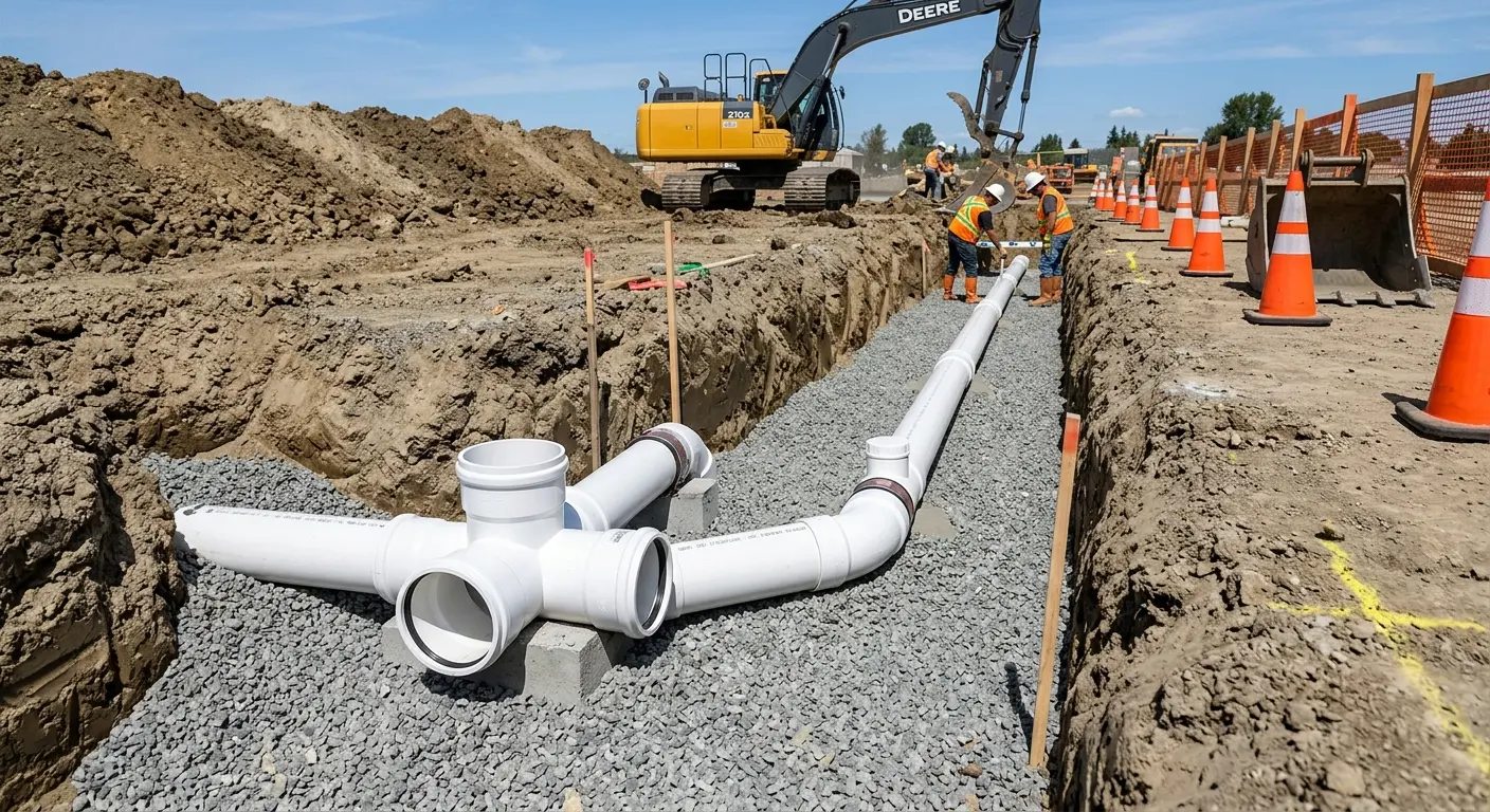 New PVC sewer pipe installation in open trench for Sewer Backup in Bangor