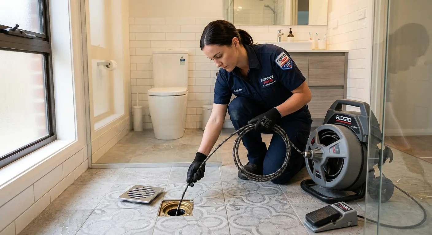 Technician clearing a bathroom floor drain for Sewer Line Replacement in Bangor